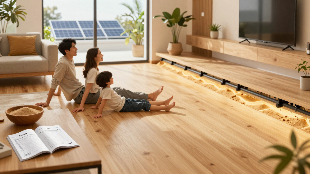 Family of three sitting on wooden floor watching TV in a bright living room with indoor plants.