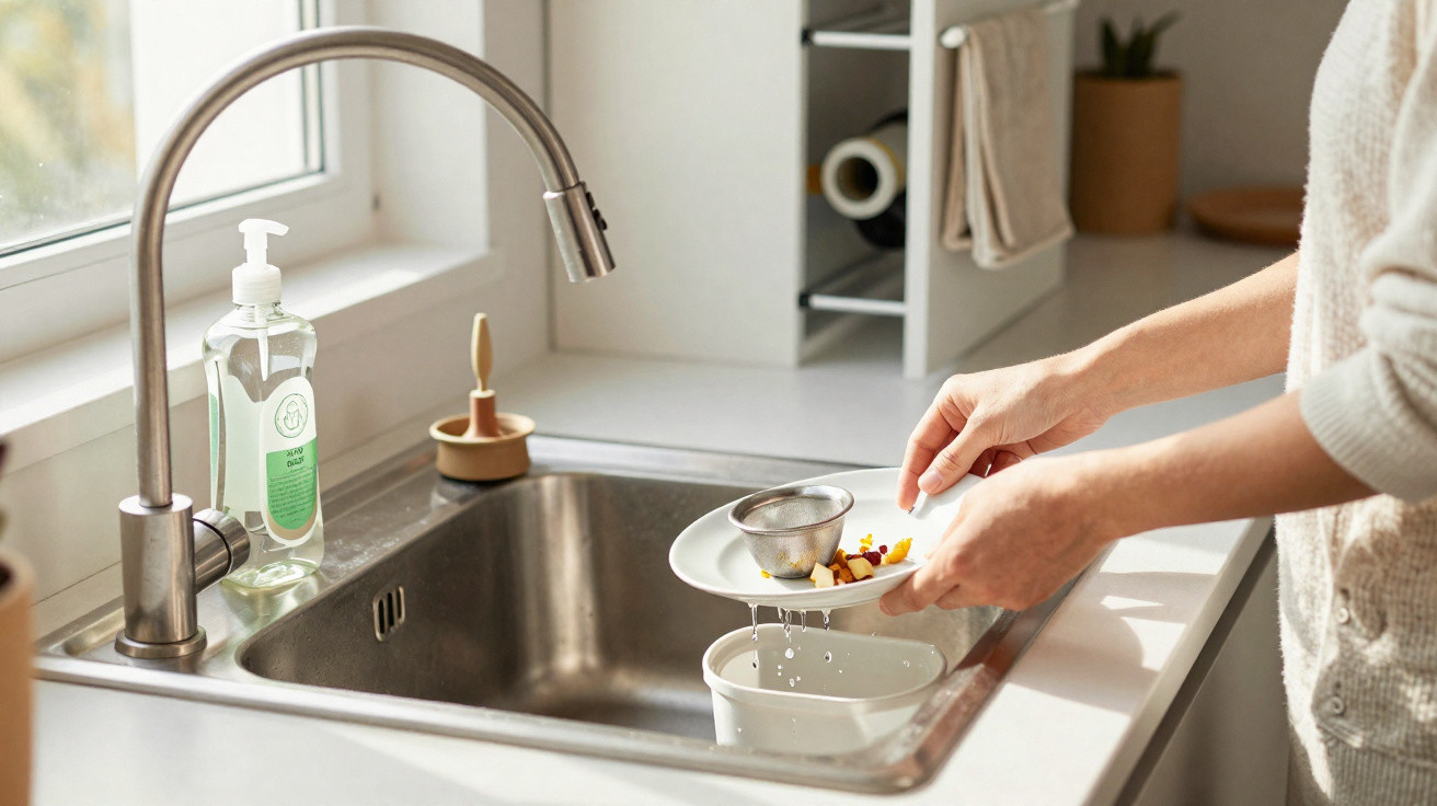 Person rinsing food in a sieve over a kitchen sink with a stainless steel faucet and dish soap.