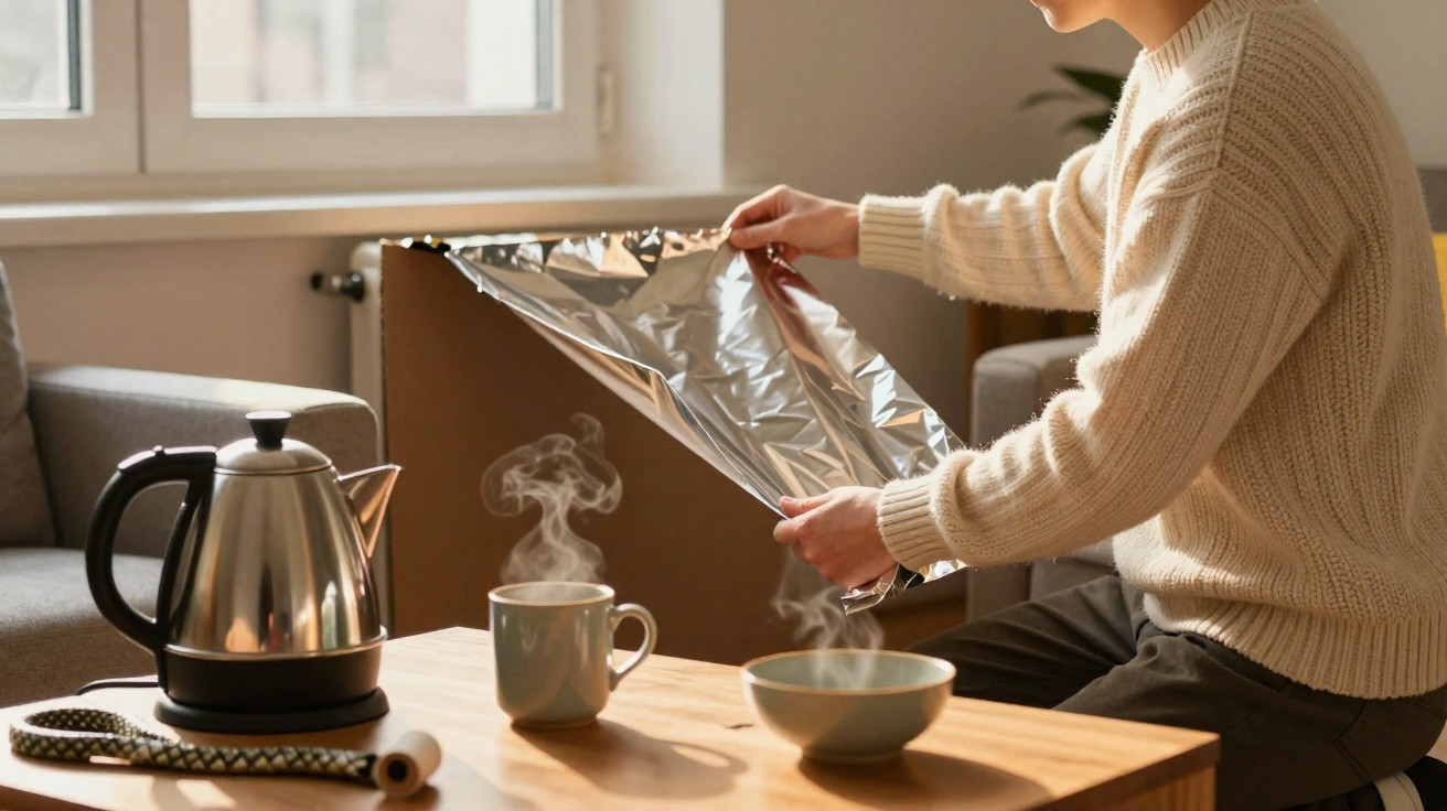 Person sitting at a table lifting a foil cover with steaming cup and bowl in front, near electric kettle.