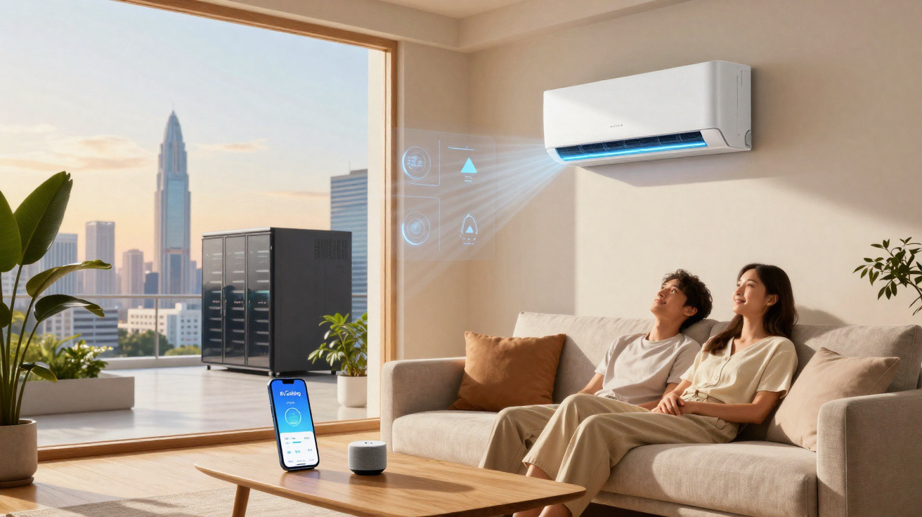 Couple relaxing on a sofa in a modern living room with a smart air conditioner cooling the space.