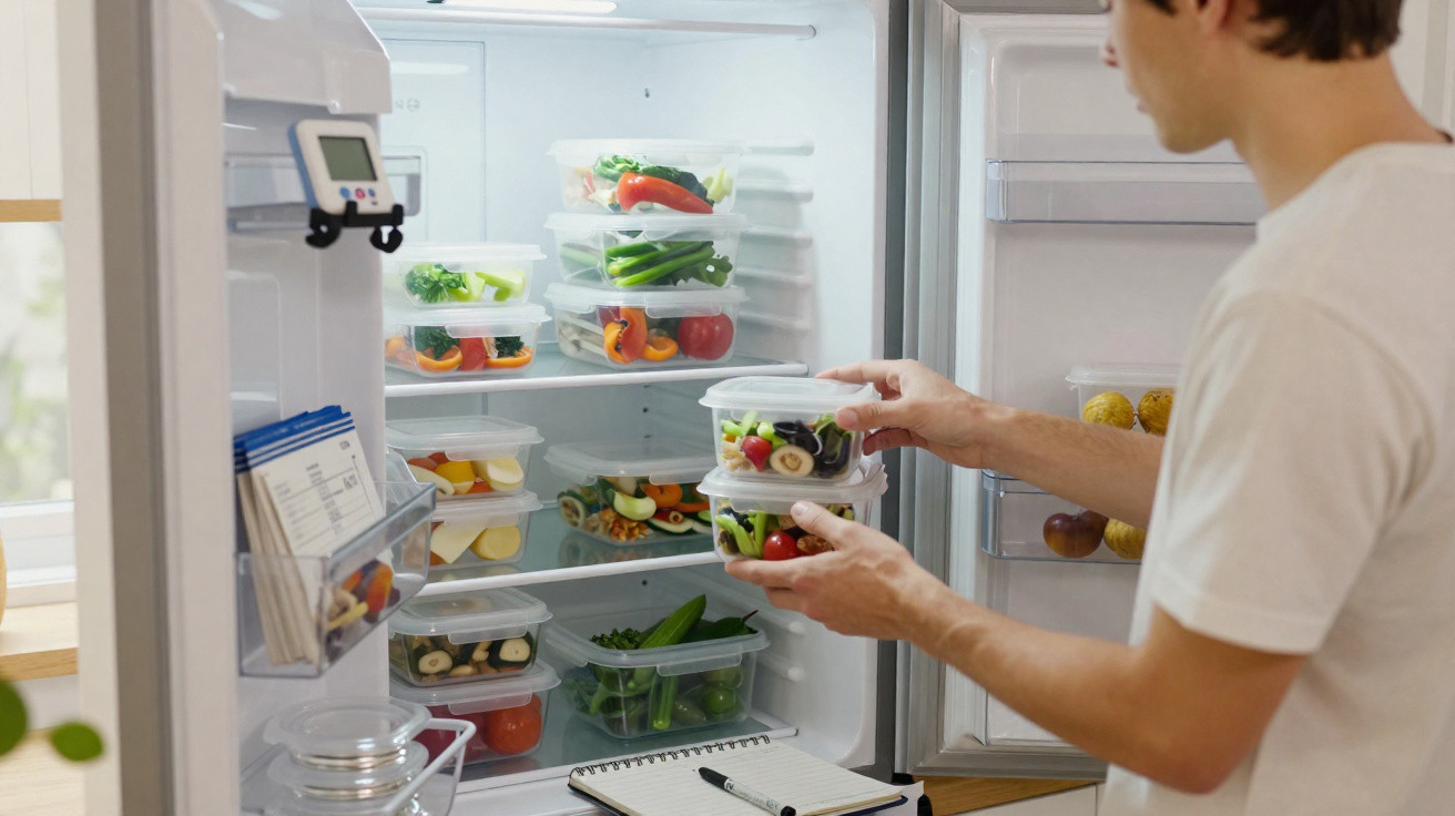 Person organising fresh vegetables in plastic containers inside a clean refrigerator.