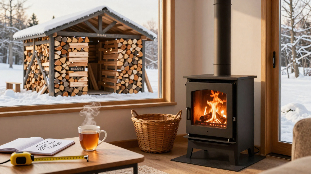 Cozy room with a burning wood stove, steaming tea on a table, and a snowy woodpile visible through the window.