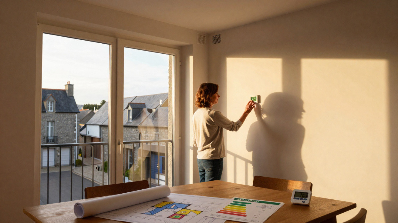 Person adjusting a thermostat on a wall in a sunlit room with architectural plans on a wooden table.