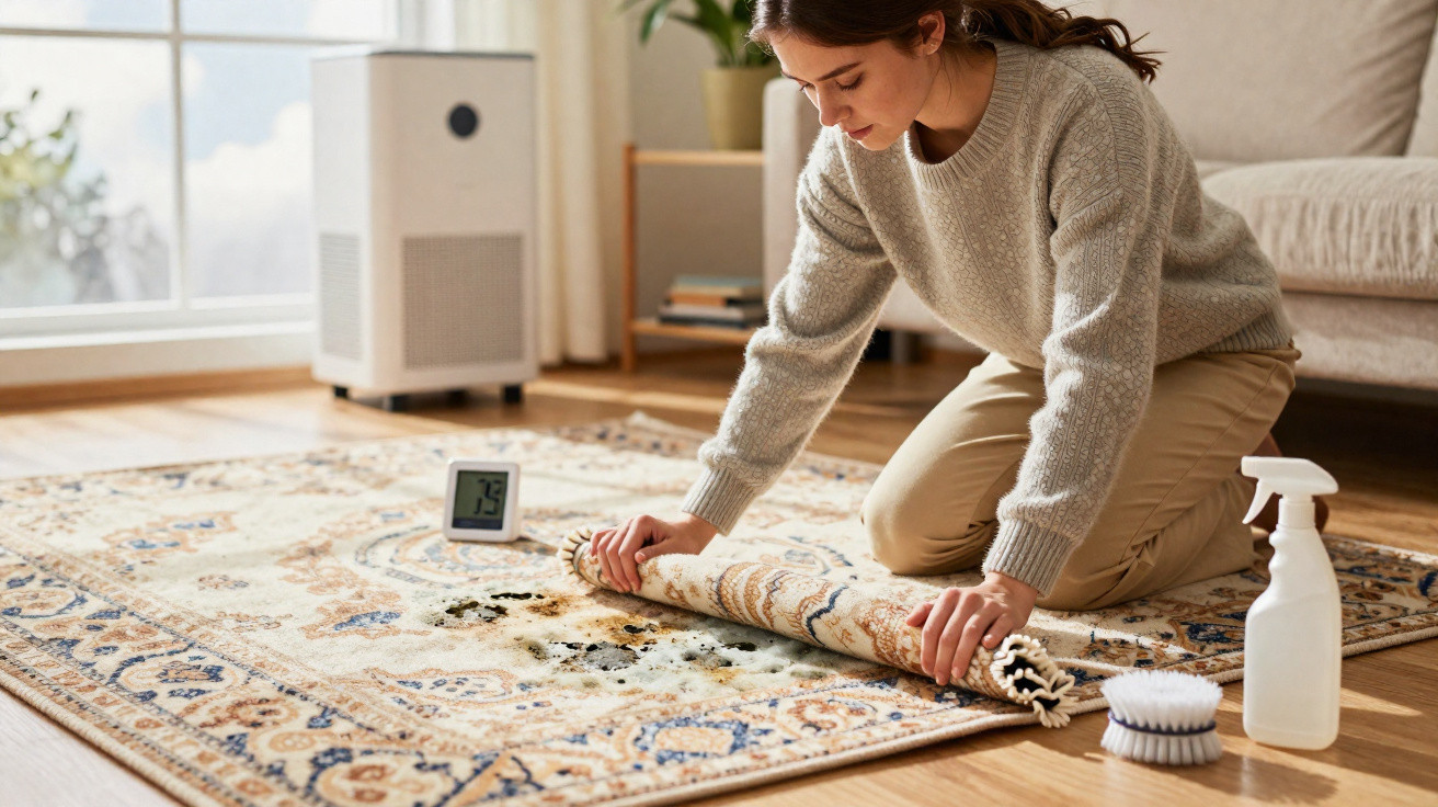 Woman kneeling on floor cleaning soil from patterned rug with brush and spray bottle in bright living room.