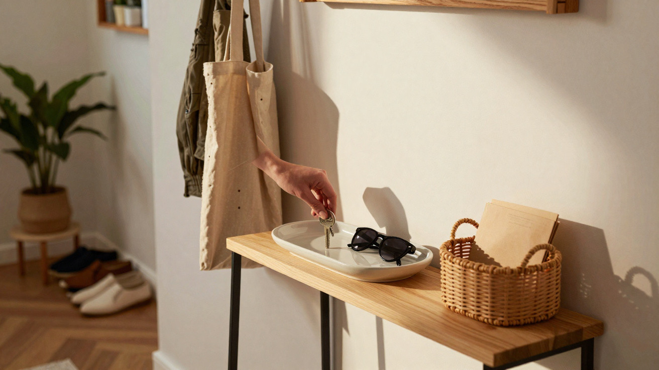 Hand placing keys on a tray with sunglasses next to a wicker basket on a wooden entryway table.