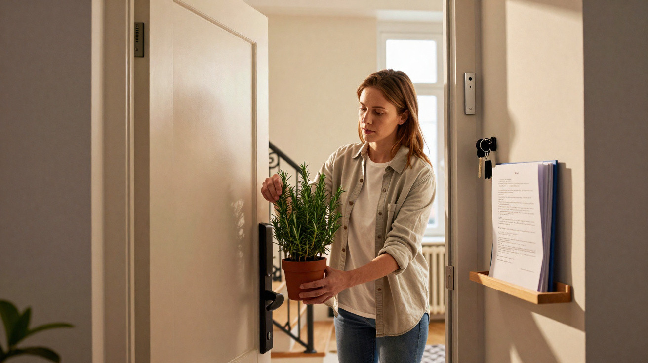 Woman holding a potted plant while opening the front door of a bright home hallway.
