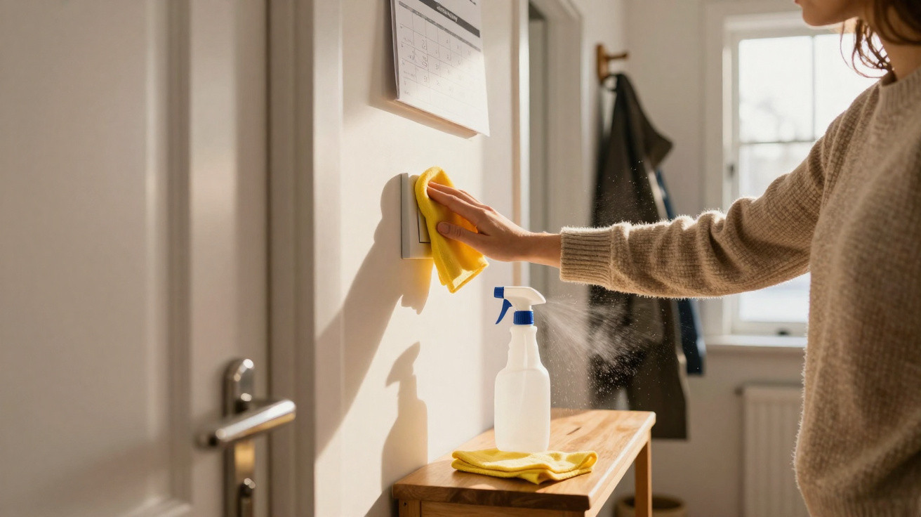 Person cleaning a light switch with a yellow cloth and spray bottle on a wooden table in a hallway.