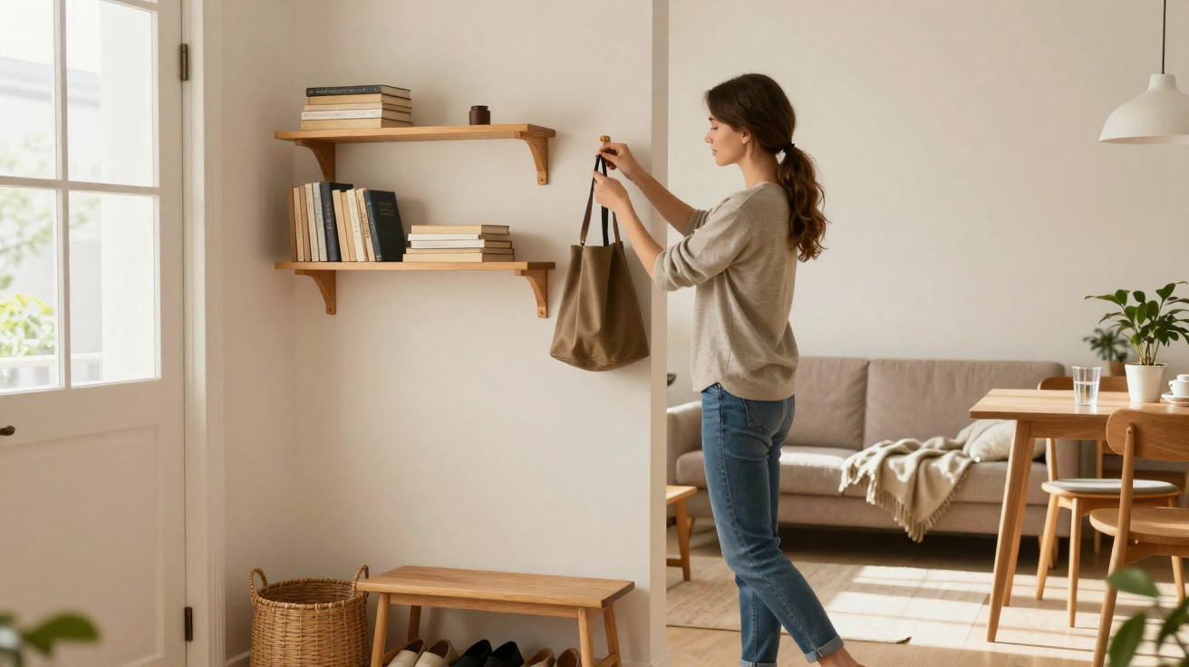 Woman hanging a tote bag on wall hooks in a bright, minimalist living room with wooden furniture and bookshelves.