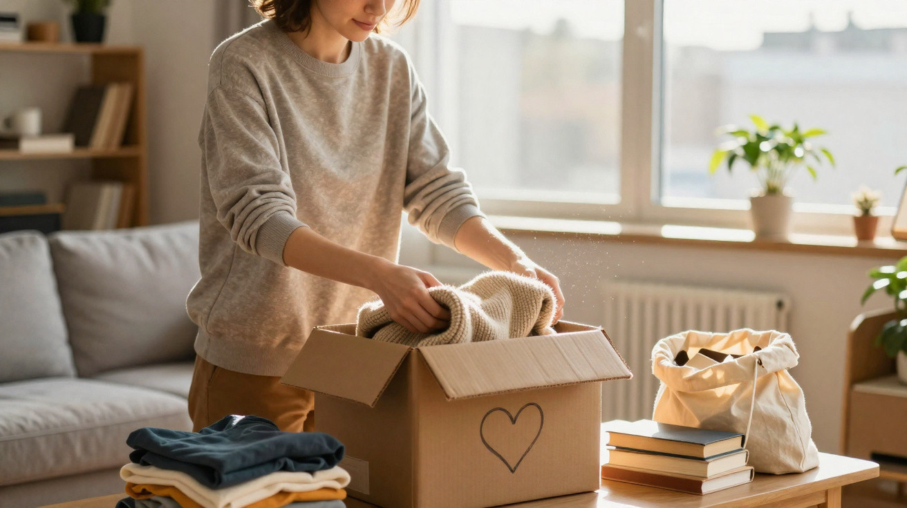 Person packing clothes into a cardboard box with a heart drawn on the side in a bright living room.