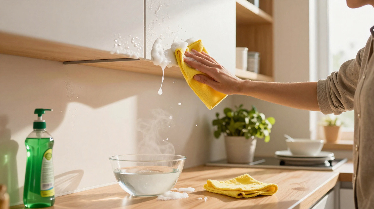 Person cleaning white kitchen cabinet with yellow cloth and soapy water dripping onto wooden countertop near bowl of hot wate