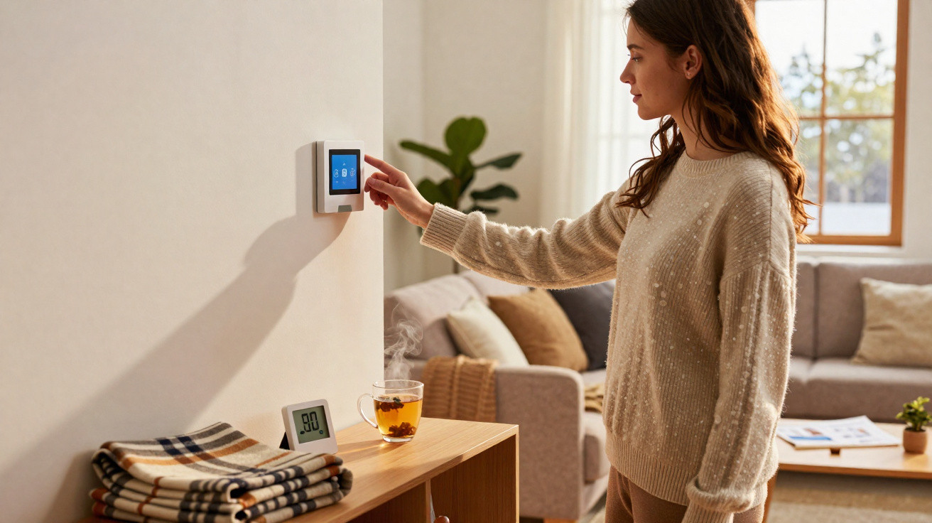 Woman adjusting a smart thermostat on the wall in a cosy living room with a hot drink and blanket nearby.