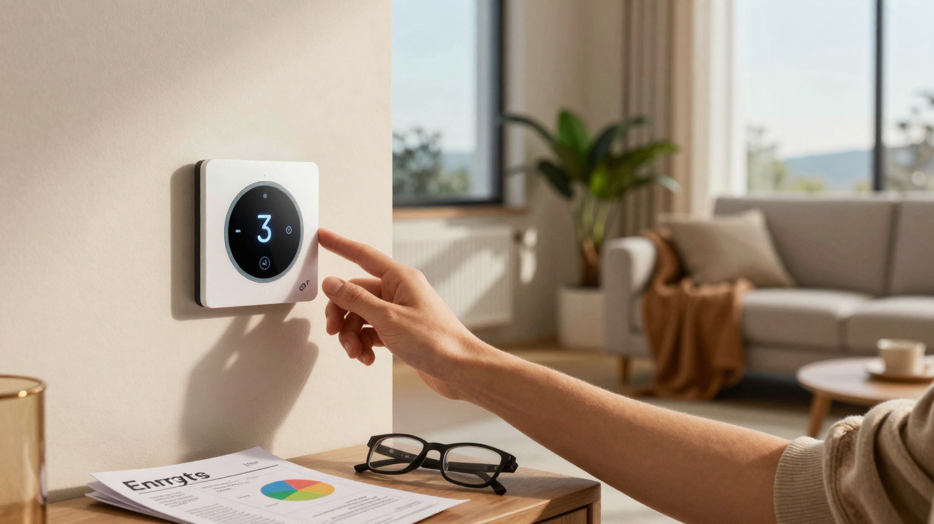 Hand adjusting a digital thermostat set to 3 in a cosy living room with sofa and plants in the background.