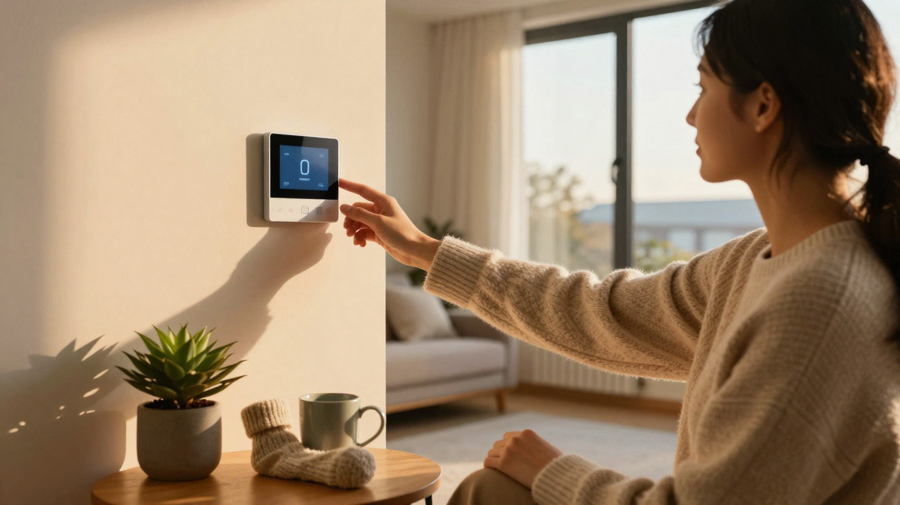 Woman adjusting a digital thermostat on the wall in a sunlit living room with a plant and cup nearby.