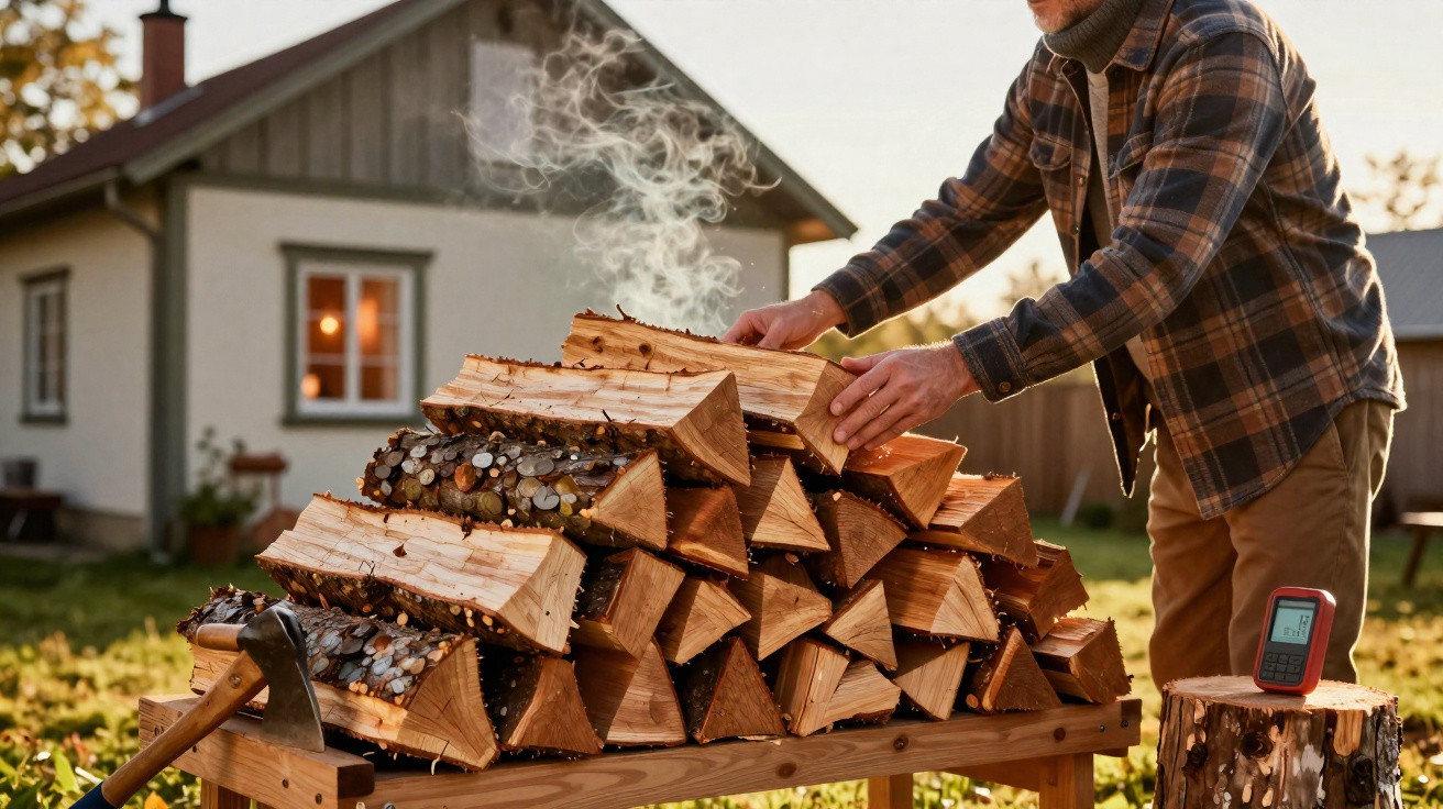 Person arranging smoking firewood on a wooden stand outside a house in autumn daylight.