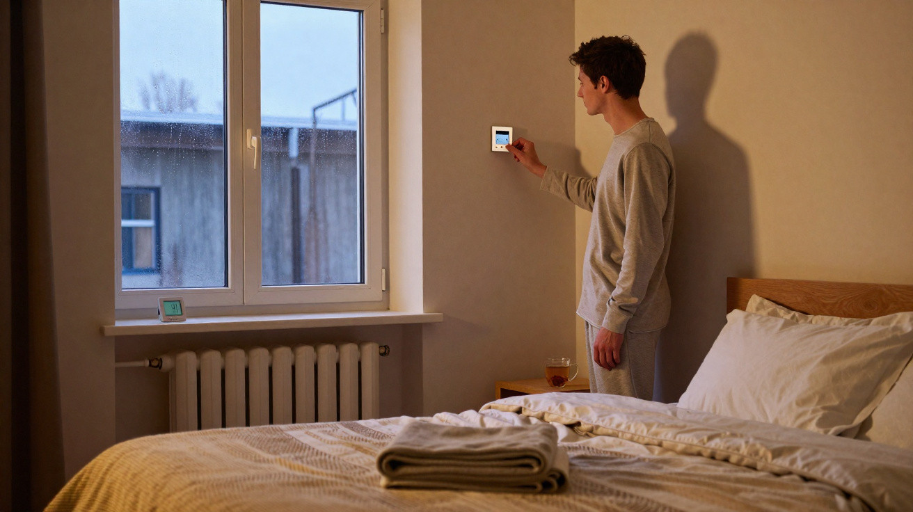 Man in pajamas adjusting a wall thermostat in a dimly lit bedroom with an unmade bed and folded towels.