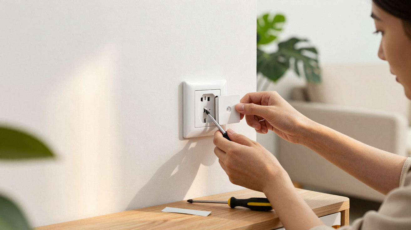 Person installing or removing a child safety cover on a wall electrical outlet with a screwdriver