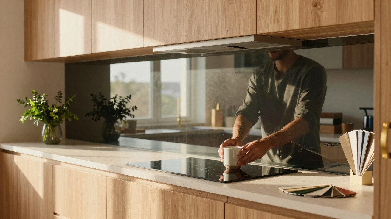 Person placing a white cup on a modern kitchen countertop with wooden cabinets and plants in the background.