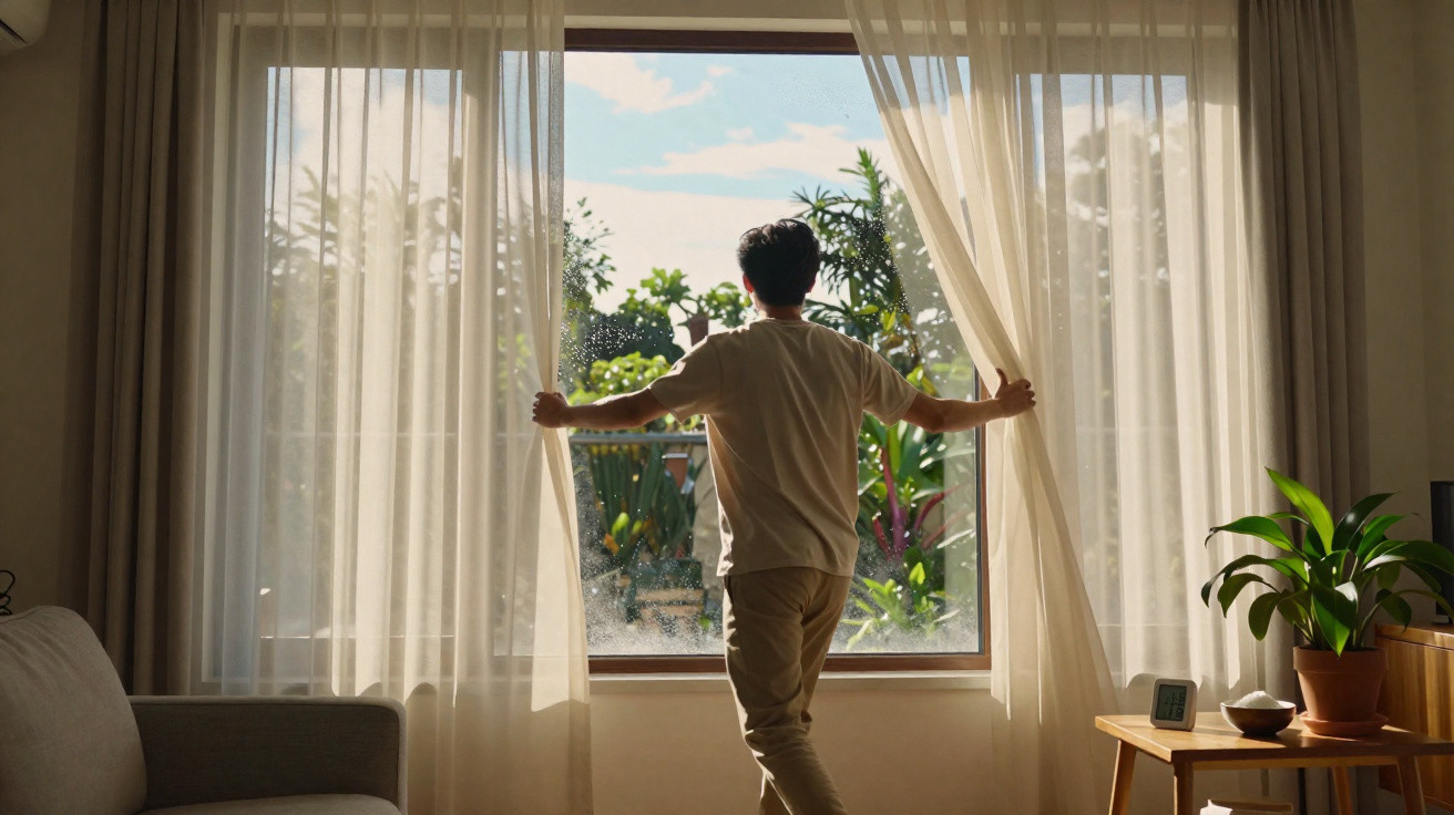 Person opening sheer curtains to a sunny window with green plants visible outside in a cozy living room.