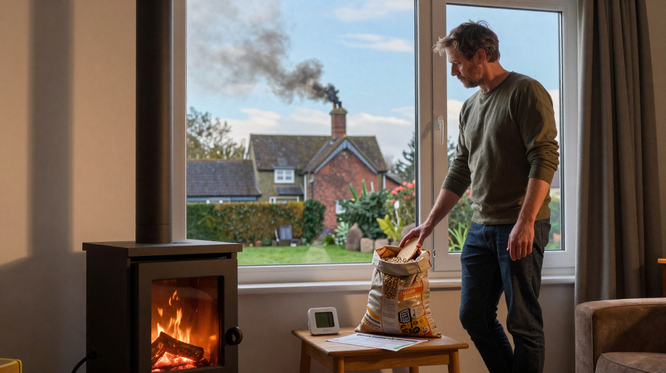 Man adding wood to a burning stove with smoke coming from a chimney outside a countryside house.