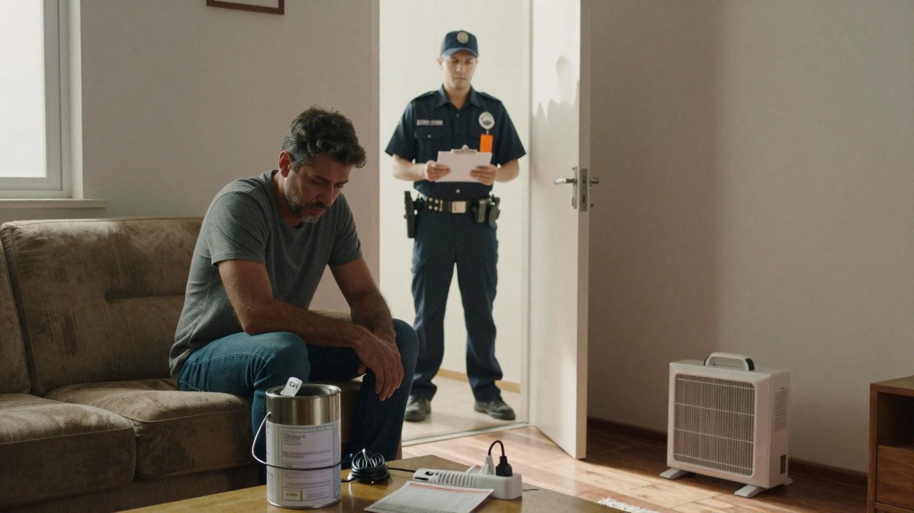 Man sitting on sofa looking down with police officer standing in doorway behind him in a sparsely furnished room