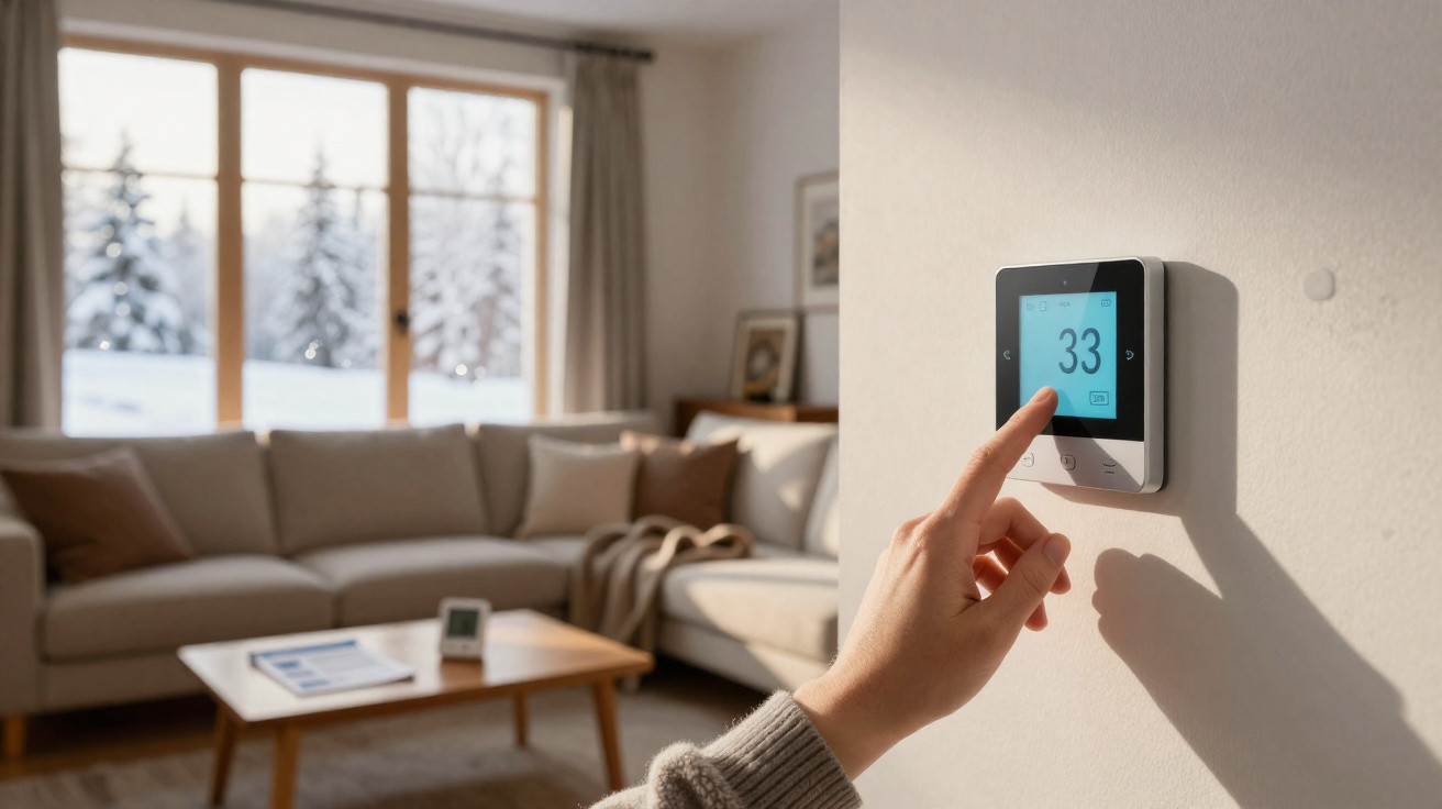 Hand adjusting a digital thermostat set to 33°C in a cosy living room with a sofa and snowy window view.