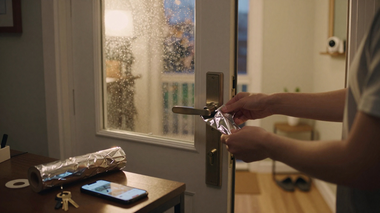 Person wrapping a door handle with aluminium foil inside a home on a rainy evening.