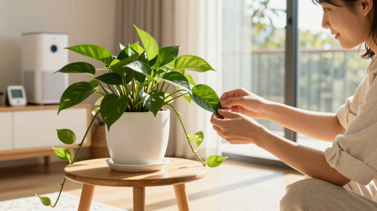 Person tending to a green potted plant on a wooden stool in a bright, sunlit room with large windows.