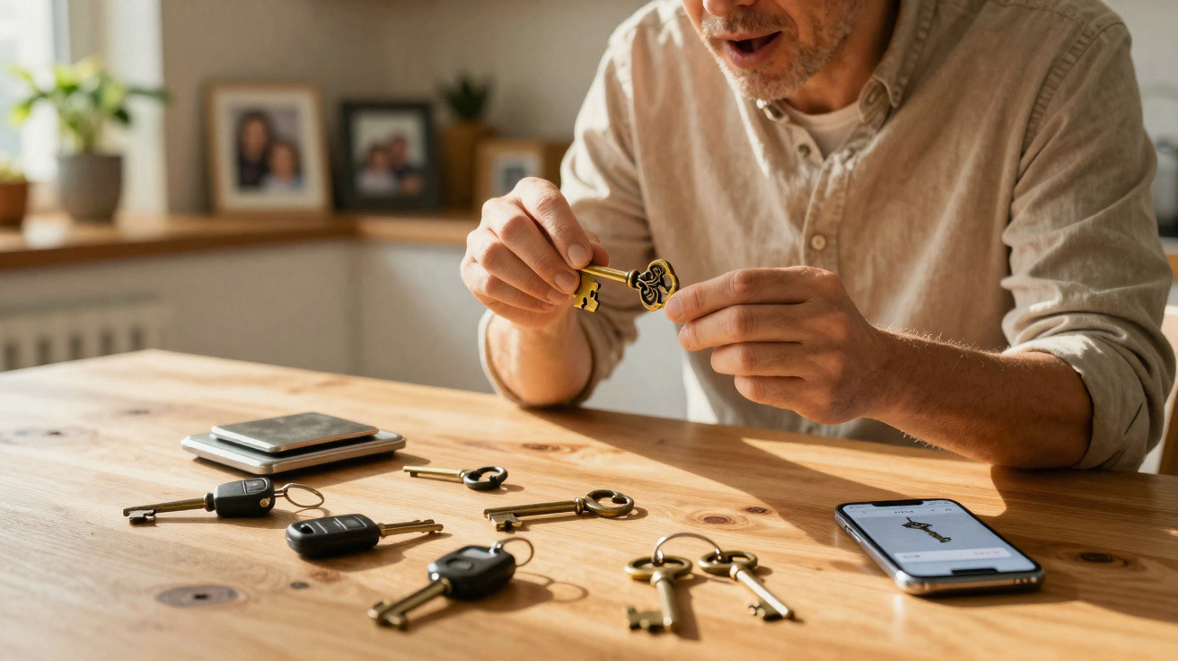 Man examining vintage keys at a wooden table with smartphone, notebooks, and key sets scattered around.