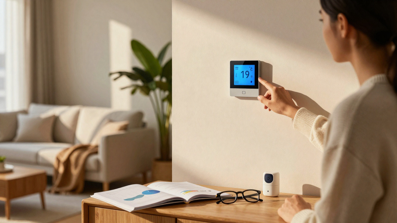 Person adjusting a digital thermostat set to 19°C on a wall in a sunlit living room with a sofa and plant.