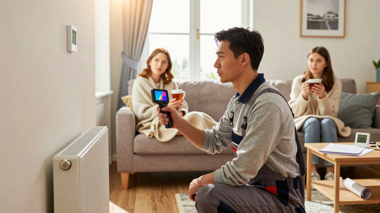 Technician using a thermal camera to inspect a radiator in a living room with two women sitting on a sofa.