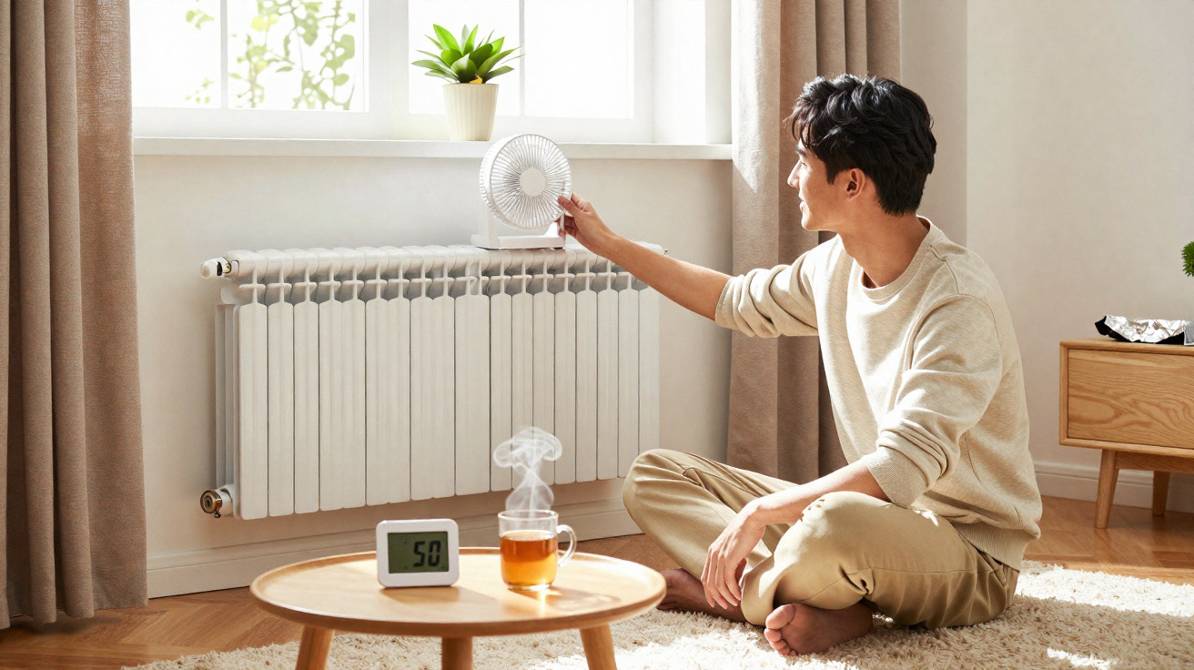 Man adjusting a small fan on a radiator in a bright room with a steaming cup and digital thermometer on a table.