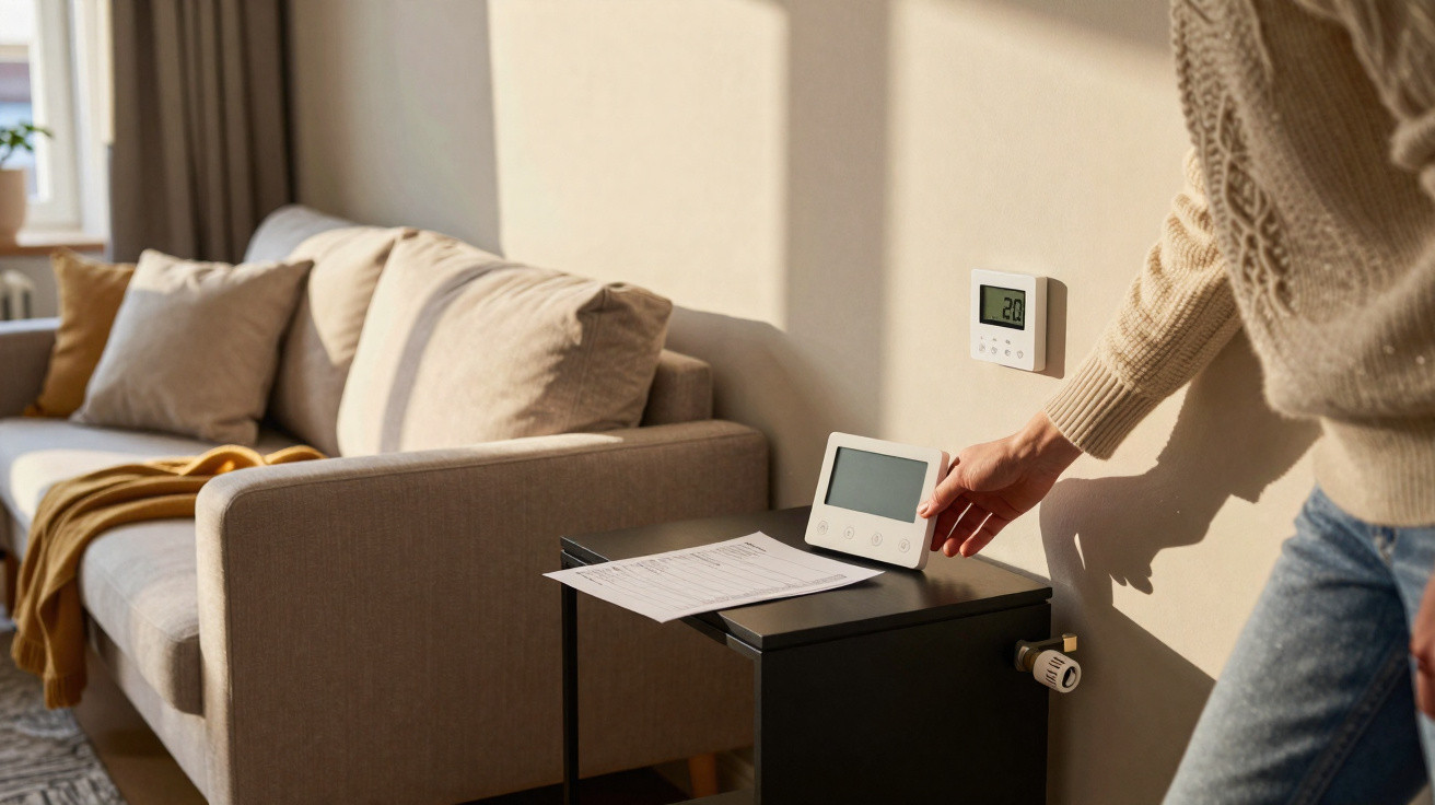 Person adjusting smart thermostat on wall next to beige sofa in modern living room with natural light