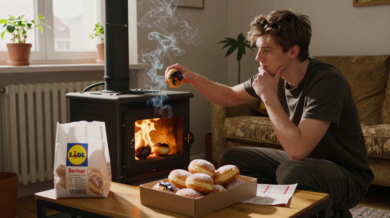 Young man heating doughnuts by a wood stove in a cozy living room with natural light.