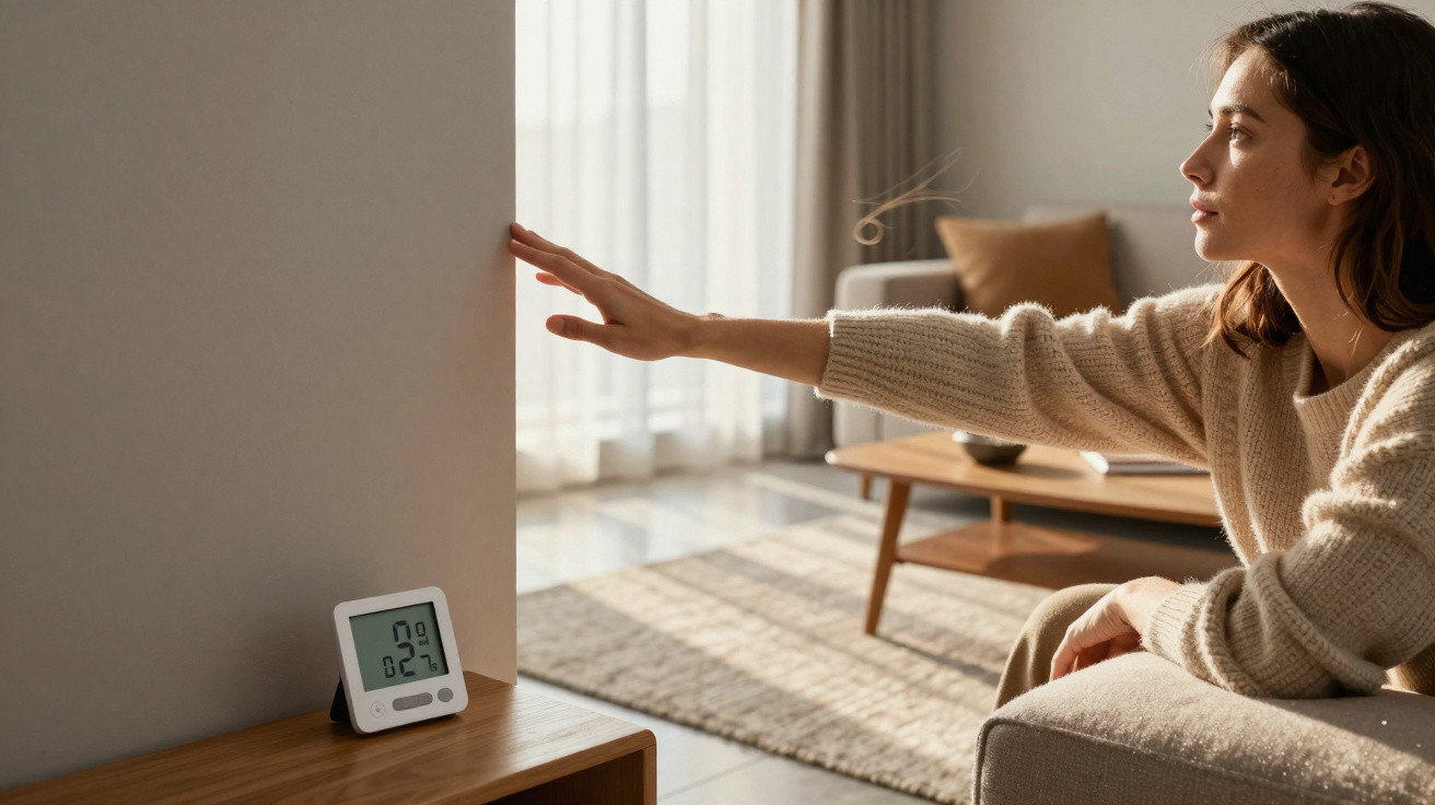 Woman checking air quality monitor in bright living room with sunlight streaming through curtains