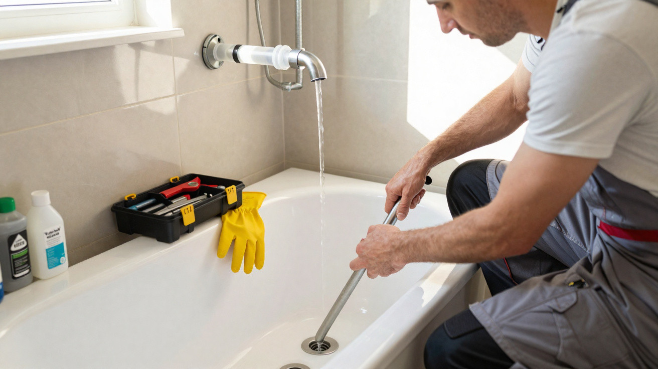 Plumber using a drain snake tool to clear a bathtub drain with water running from the faucet above.