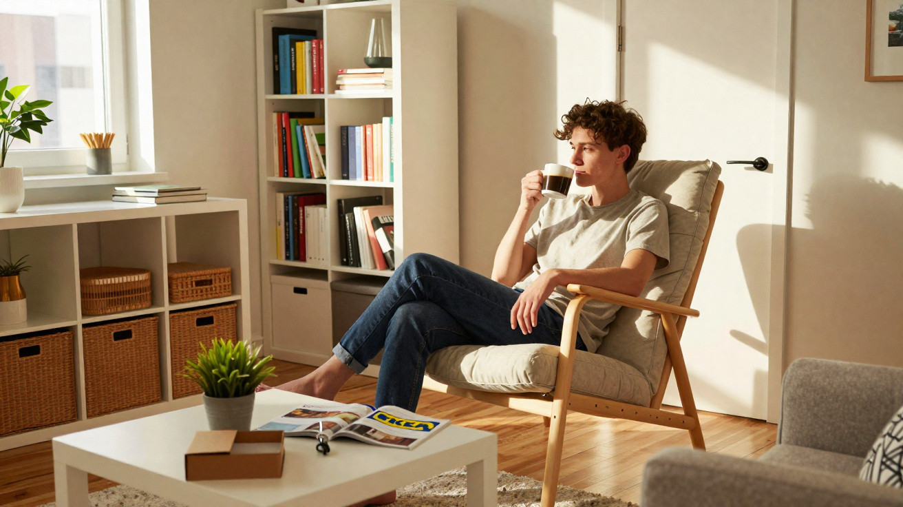 Young man drinking coffee in a sunlit living room with bookshelves and plants.