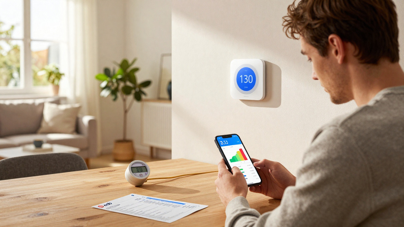Man checking energy usage on a smartphone with smart thermostat and energy monitor in a bright living room.
