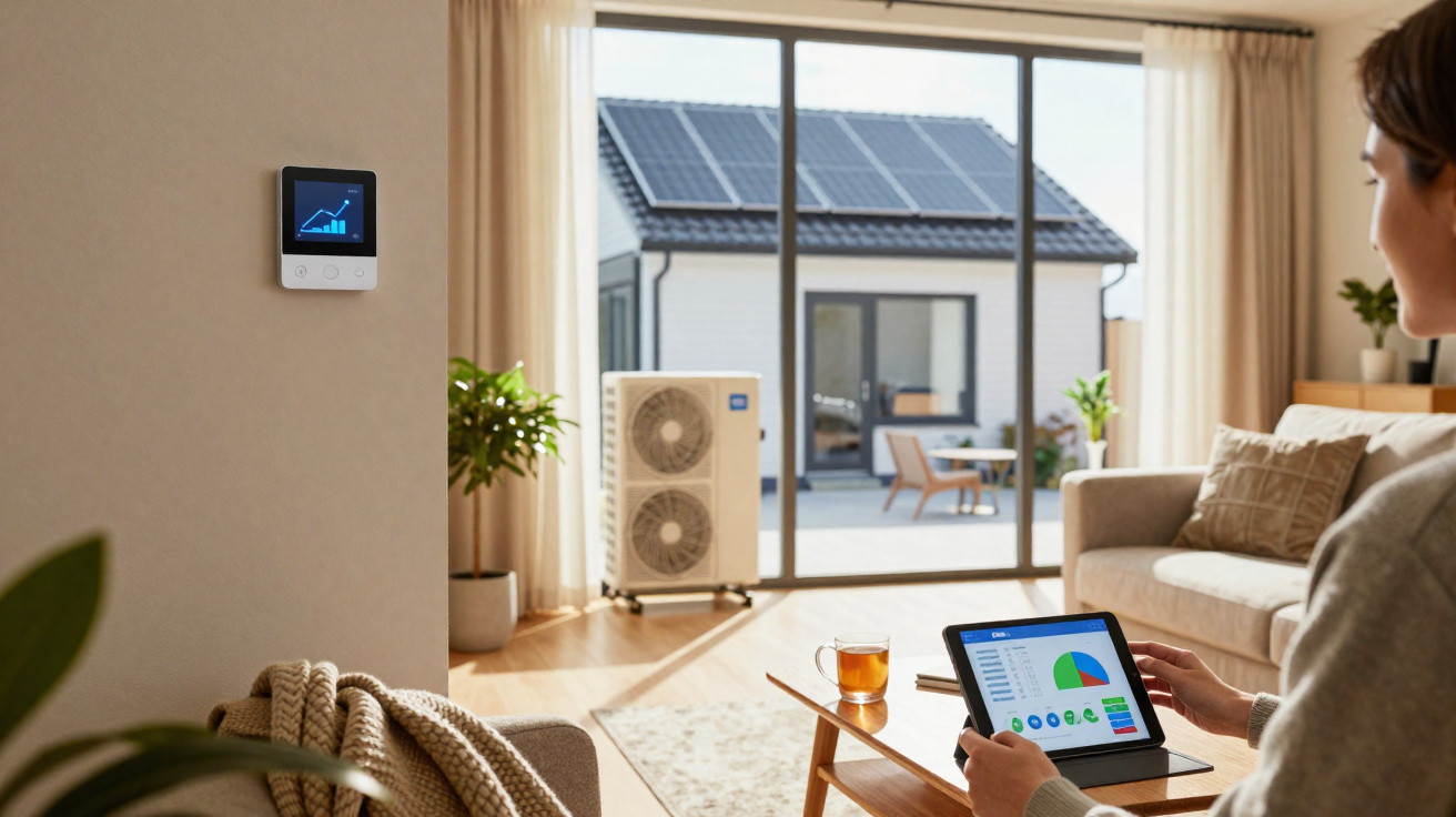 Person using tablet to monitor smart home energy usage in a bright living room with solar panels outside.
