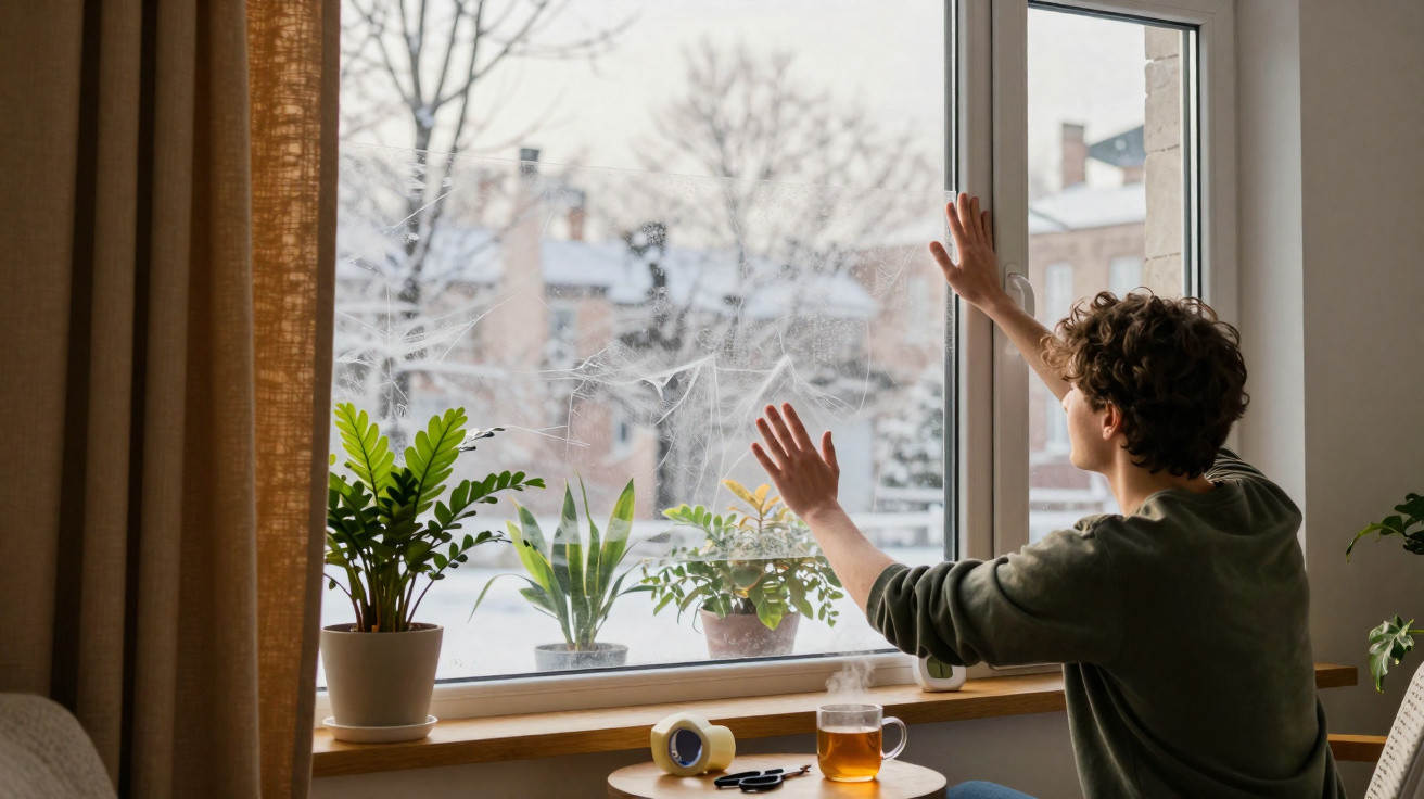 Person touching a frosted window while looking outside at a snowy urban winter scene with potted plants nearby.