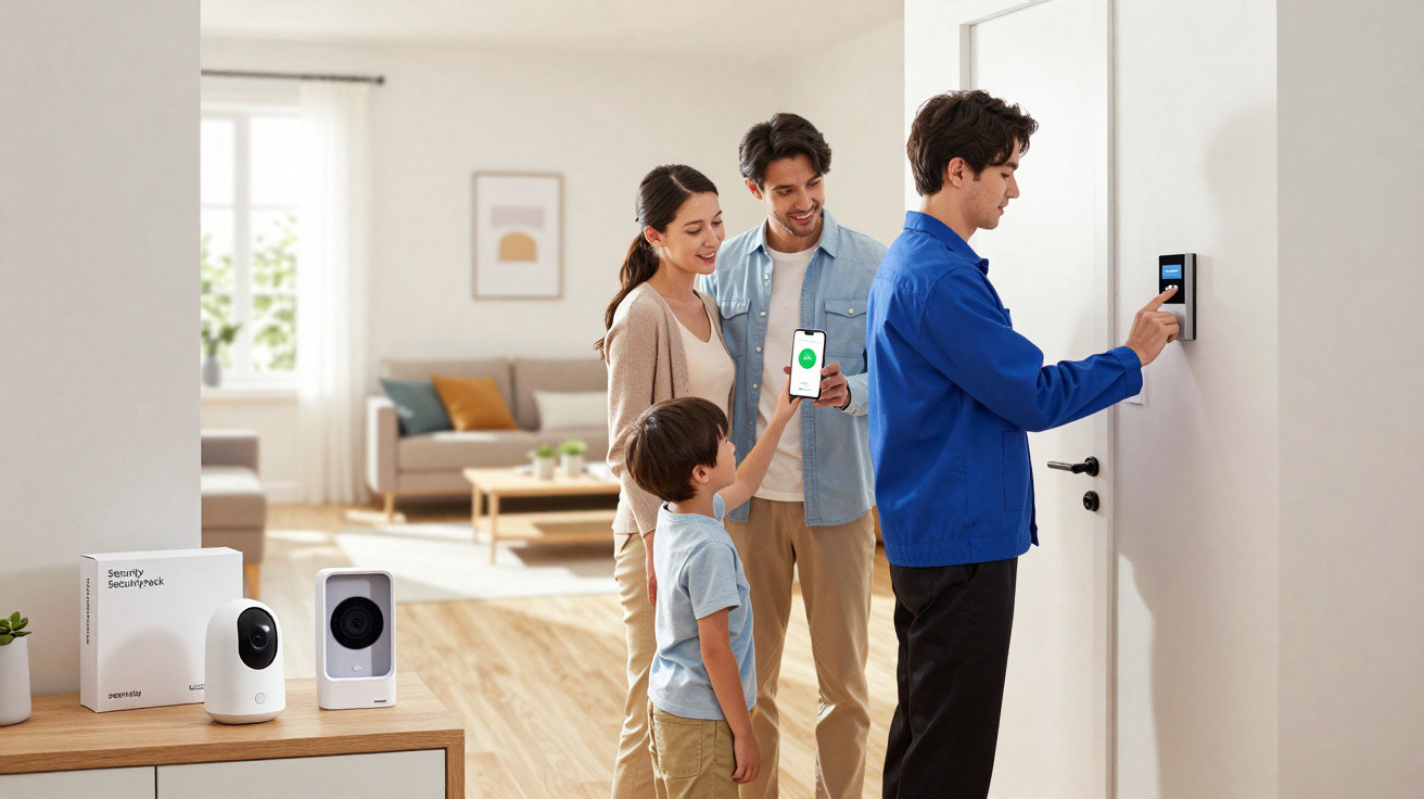 Technician installing smart home security door lock while family watches in modern living room.
