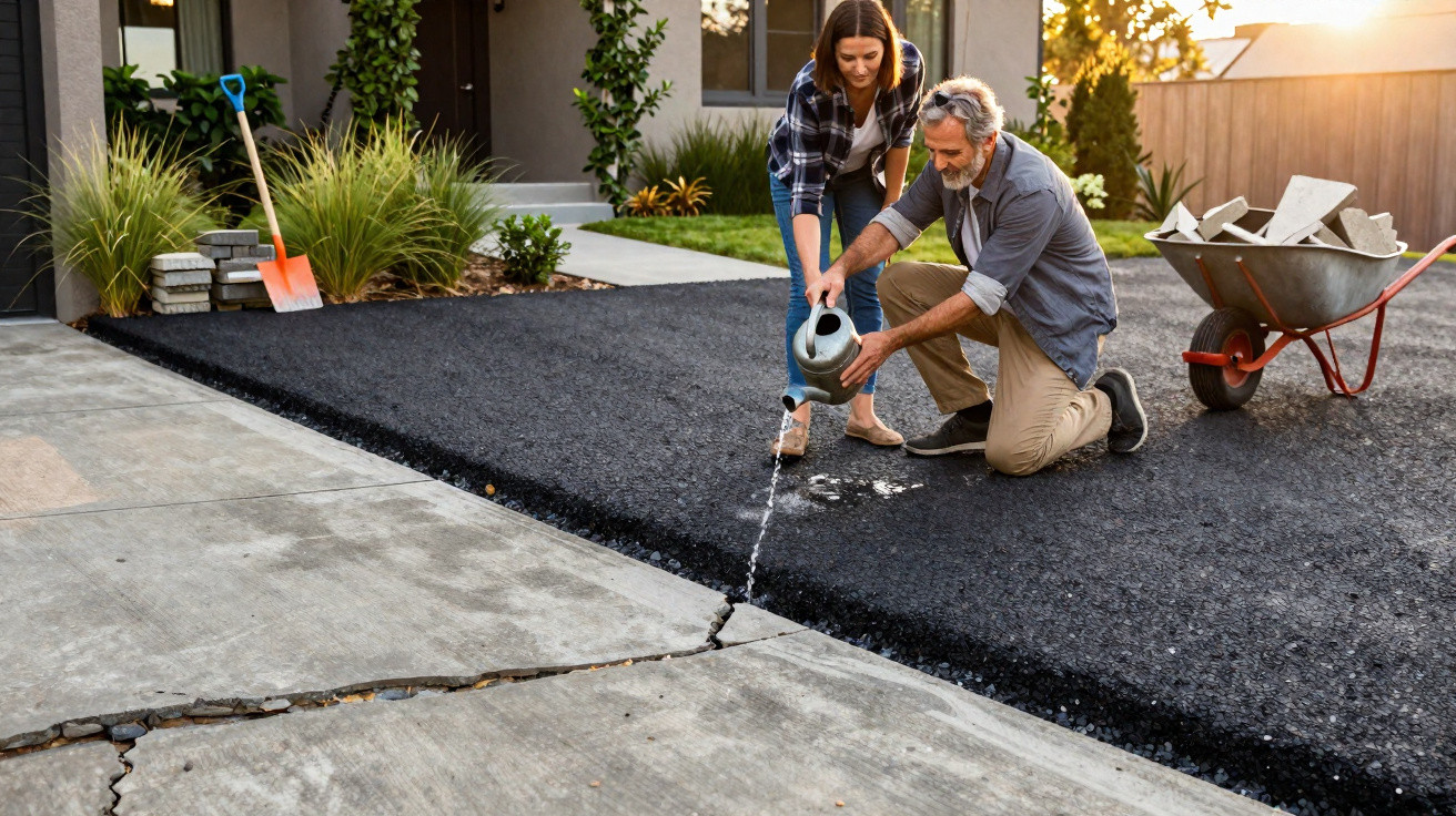 Couple watering asphalt driveway with visible crack, surrounded by garden tools and wheelbarrow with stones.