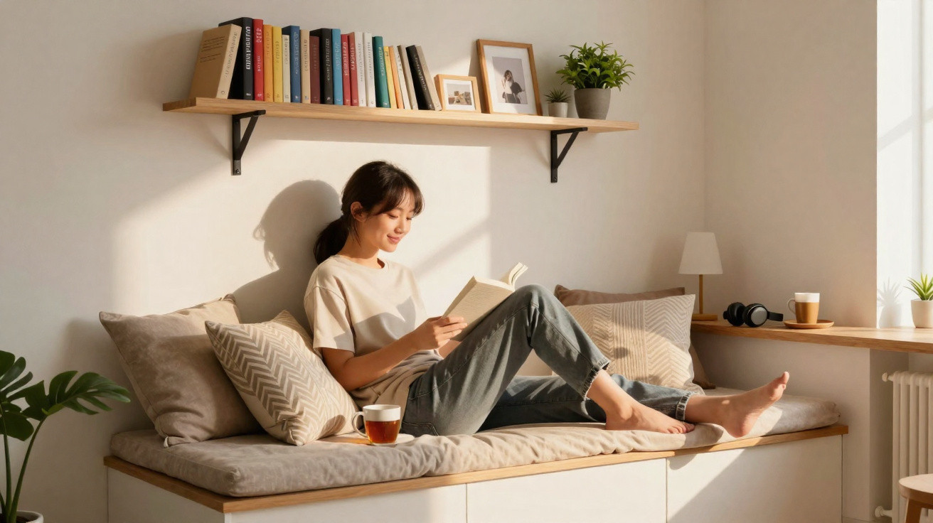 Woman reading a book while sitting comfortably on a cushioned window seat in a bright, cosy room.