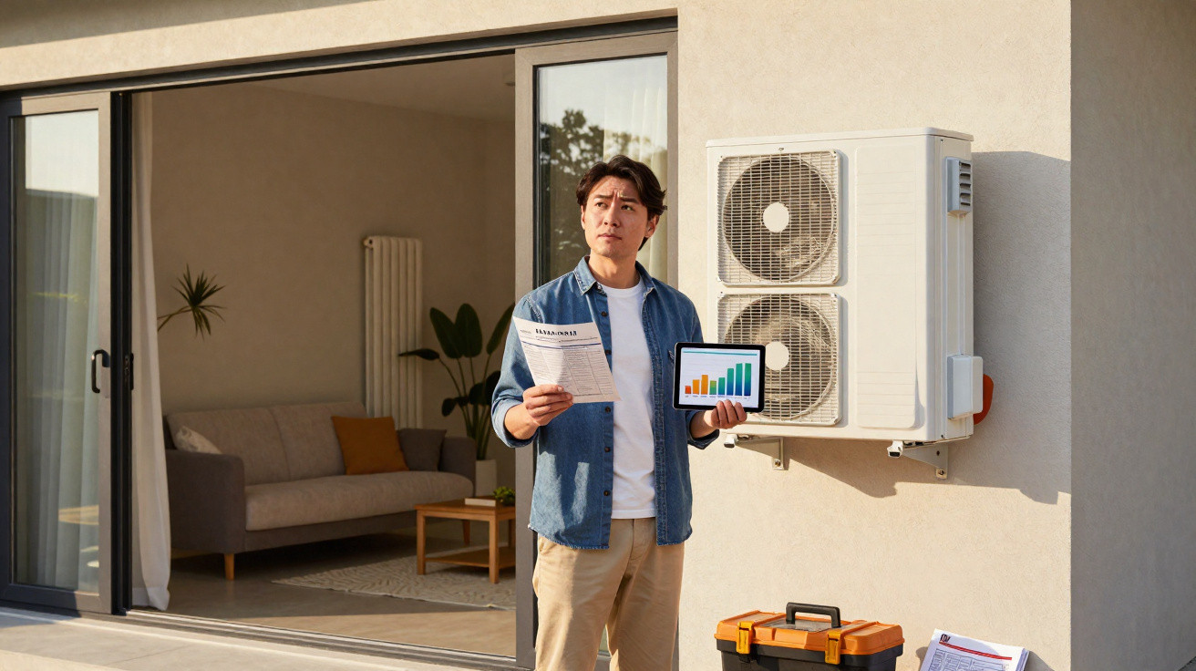Man holding a chart and document standing outside near a wall-mounted air conditioning unit and toolbox.