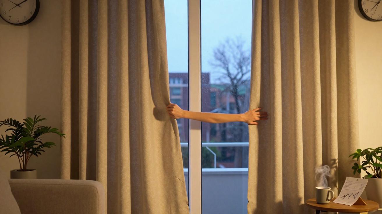 Two hands pull apart beige curtains on a window in a cosy room with plants and clocks.