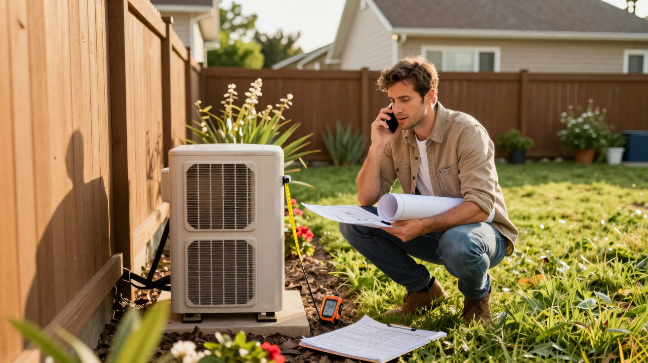 Man inspecting air conditioning unit in garden while talking on phone and holding blueprints.