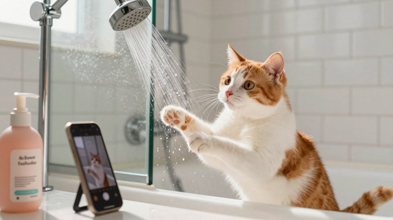 Orange and white cat playing with water from a shower head in a bathroom next to a phone recording.