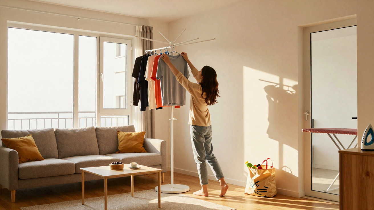 Woman hanging clothes on a drying rack in a sunlit living room with sofa, coffee table, and ironing board.