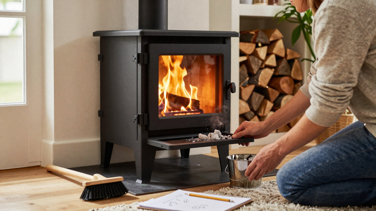 Person cleaning ash from a burning wood stove in a cosy home with stacked firewood in the background.