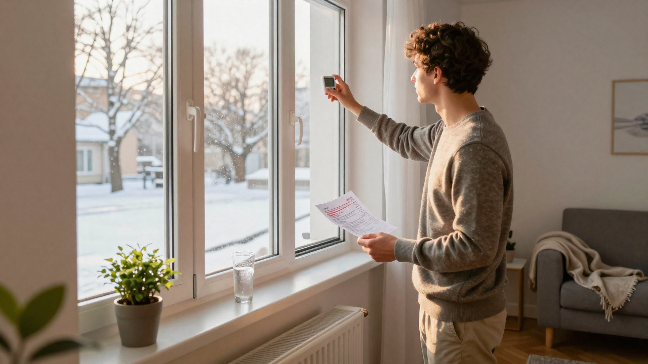 Young man adjusting thermostat on window amid a snowy winter scene outside.