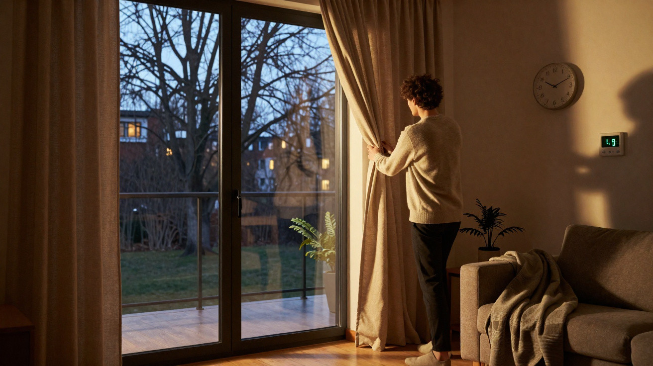 Person opening curtains to a balcony at dusk in a warmly lit living room with a clock and thermostat on the wall.
